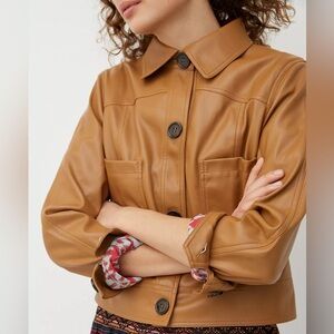NWOT Anthropologie Katy Cropped Faux Leather Jacket Tan w/ Classic Collar